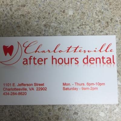 Charlottesville After Hours Dental Clinic is open Mon -Thurs 6pm to 10pm. Saturday 9am to 2pm. We offer discounted fees. Please call 434-284-8620.