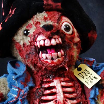 One of a kind horrifically cute zombie teddies, hand altered by Phillip Blackman