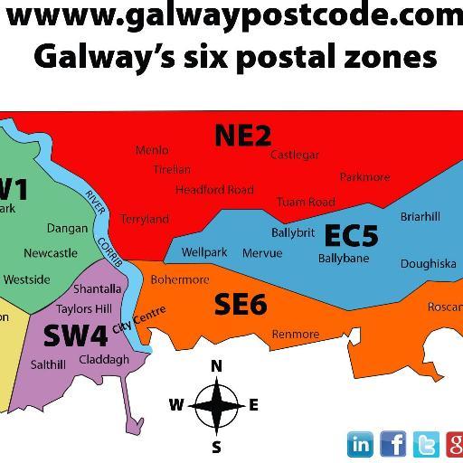 A new alphanumeric zonal postcode for Galway City, Ireland. NW1, NE2, SW3,SW4,EC5 and SE6.