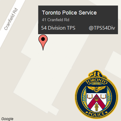 Toronto Police North 55 Division Substation (formerly 54Div) Account not monitored 24/7. To report a crime call 416-808-2222 or 911 for emergency or TDD 4670493