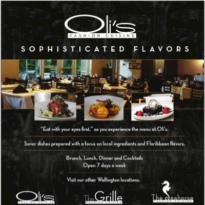 Oli's delivers Fashion Cuisine with a Palm Beach-Style Atmosphere in the comfort and convenience of Wellington.  10610 West Forest Hill Blvd Wellington,Fl 33414