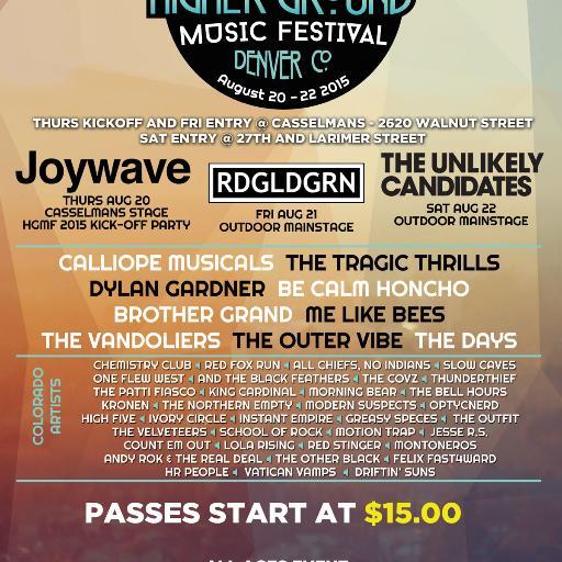 Tickets available now for 2015 Higher Ground Music Festival! Aug 21-22, Featuring emerging artists from coast to coast! @TUCBand @RDGLDGRN @tragicthrills