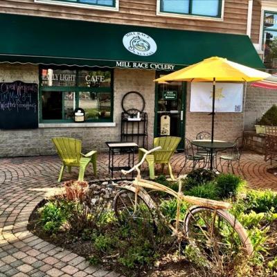 Our outdoor cafe sits adjacent to the beautiful Fox River Trail  in historic Geneva, IL, part of Mill Race Cyclery. Coffee, paninis, and a tour de treats!
