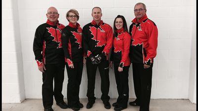 Mixed curling team representing Canada at the 2015 World Championship in Bern. Max Kirkpatrick, Jolene Campbell, Chris & Teejay Haichert w coach Ron Meyers.