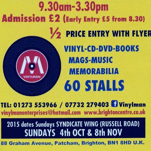 70 stalls of vinyl, CDs, DVDs, books & music memorabilia in Syndicate Wing, Brighton Centre, Russell Rd, Brighton. Next fair 20th Nov 08.30-15.30.