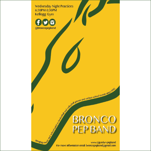 The Bronco Pep Band provides music and boosts school spirit at Cal Poly Pomona. Catch us at most home sporting events! Go BRONCOS!