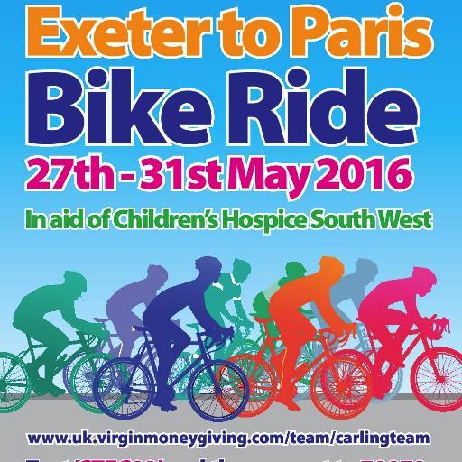Twitter bio of the Carling Technologies bike ride Exeter to Paris May 2016 raising money for Childrens Hospice South West