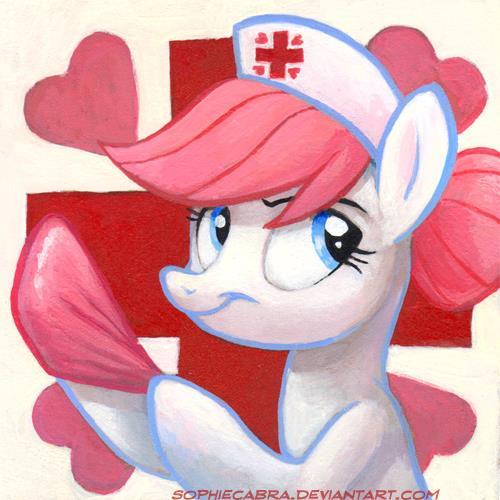 Ponyville's very own nurse. Got an illness? A sore? Or just need a check up? I'm here for you!  Works Mon-Sat (9am-8pm EST) (#Twitterpony #RP GMT No R34)