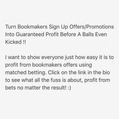 Promoter for @imatchedbetting . We turn bookmakers offers into REAL cash using our built in odds matching software.Join our Free Trial worth a guaranteed £75!!