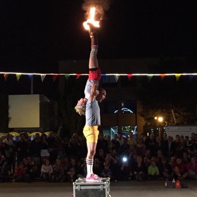 An award winning family friendly acrobatic street show complete with quirky humour, unique hand to hand tricks and a girl on fire!