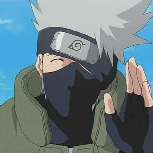 Kakashi Hatake is squinting his eyes showing that he is smiling under his mask. He is also waving with his left hand.