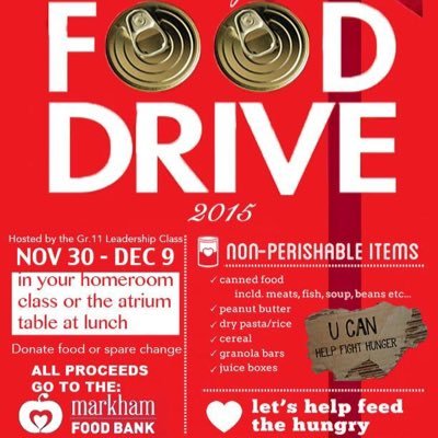 DONATE TO THE 2015 MILLIKEN MILLS HOLIDAY FOOD DRIVE bring non-perishable items to your home room class. you could win a free lunch!