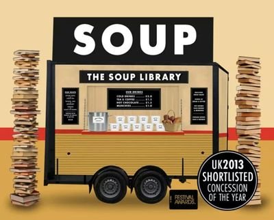 Soup & Bread & Books at festivals. On William's Green at Glastonbury '17. Also seen at Secret Garden Party, Wilderness, Festival No. 6, Bestival + more