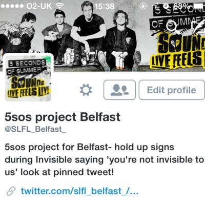 promoting the project for Belfast SLFL hold up signs during Broken Home saying 'you're not invisible to us' follow @SLFL_Belfast_ !!!!! it's the main page