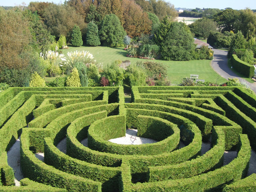 Mazegarden in West Sussex includes full size hedge maze, wildlife pond, grasses, large display of flowering plants, opens annually in aid of Perennial