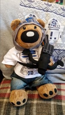 I'm a teddy bear (soft toy ) I'm 14 years old + I go everywhere with my family.  I love star wars, lego, cooking + build a bear :0)