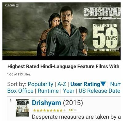 Drishyam Tops IMDB....... one of the best movie in history of Indian cinema.  @ajaydevgn #ajaydevgn #Bollywood