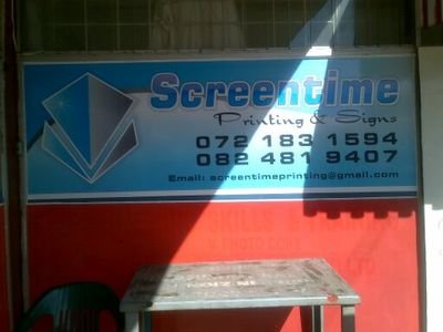 screentime printing is a company that specialize in *t shirts printing,overalls,correx boards,schoolbags,vehicle magnets,flags,soccer jersey,caps & more.