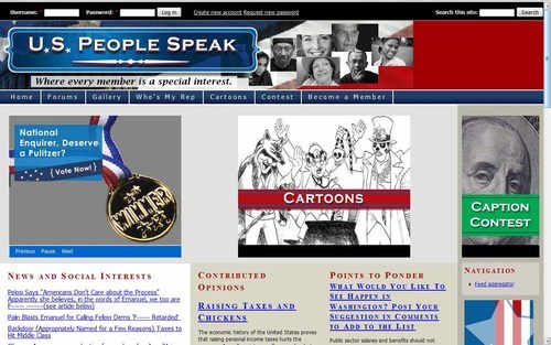 USPeopleSpeak.com provides an interactive politically oriented space where users contribute opinion pieces, enjoy our original political cartoons, and MORE!