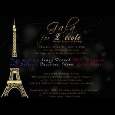On 12th Feb 2016, 7:00pm-9:00pm L’ecole – French school of Raleigh are glad to invite you to its fundraising Gala @CORMuseum
https://t.co/53zHEGMIdB…