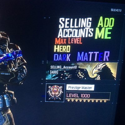 Selling Black Ops 3 Prestige master accounts with hero and dark matter unlocked + all Prestige lcon. also selling 1 weapon bribe .DM IF YOU WANT AN ACCOUNT!