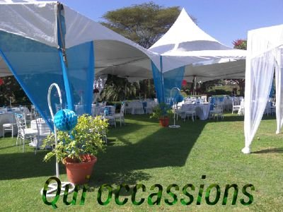 we provide all types of tents, tables, Chiavari Seats, foldable sits all in white,
table linen in a wide variety of colours, charger plates, spandex  etc