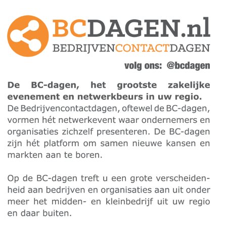 BCdagen, het grootste #B2B netwerk evenement voor bedrijven, organisaties en verenigingen in uw regio! De #Bedrijvencontactdagen : business inspiratie netwerken