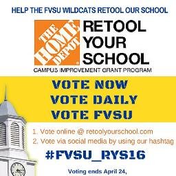 Help #FVSU win Campus Improvement Grant from Home Depot. Tweet, Retweet, Quote, Share on Instagram and Facebook. Spread the word #FVSU_RYS16