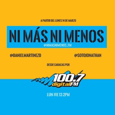 @danielmartinezD   de  Lunes a Viernes de 12-2 PM, escúchanos desde Caracas por 100.7 FM @rdigitalfm