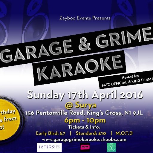 Sing/MC to some of the biggest Garage and Grime tracks! NEXT EVENT: 17th April 2016. #GarageAndGrimeKaraoke