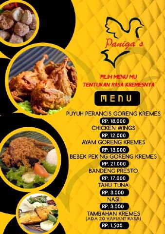Paniga's Menu : Puyuh Perancis Goreng, Chicken Wing's, Ayam Kremes, Bebek Peking Goreng, Bandeng Presto, Tahu Tuna