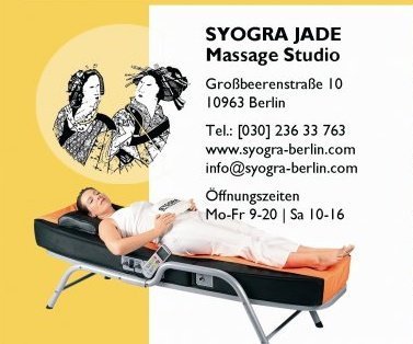 Innovative Massage to go (ohne Entkleiden!) mit warmen Jadekugeln entlang der Wirbelsäule. Weitere Angebote: Zirkeltraining, Sauna, manuelle Massage.