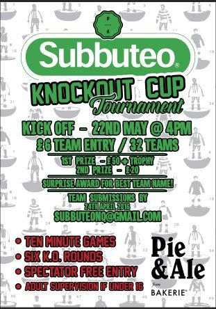 Subbuteo KO tournament in Manchester's Northern Quarter 22nd May 2016. Submit your team by 24th April. £6 team entry. £50 1st prize. £20 2nd prize.