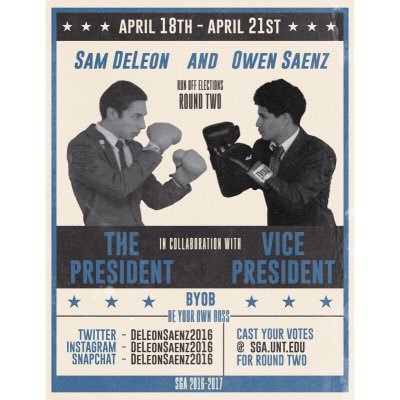 ROUND 2 RUN-OFF! April 18th-21st! Vote Sam DeLeon (@Sam_De_Leon) & Owen Saenz (@_saenz95) for SGA Student Body President & Vice President | #DeLeonSaenz2016 ❤️