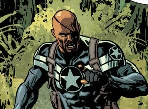 Marcus Johnson, apparently son to and actually named Nick Fury. Now an agent of S.H.I.E.L.D. Don't stare at the eyepatch.[UnitedMarvels][Multiverse]