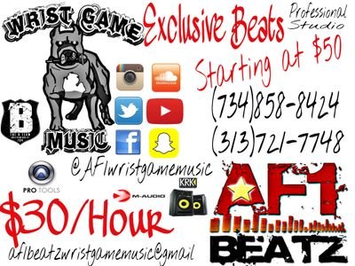 Michigan based studio with professional sound, Exclusive production, and top of the line equipment Contact AF1  or Resie Dibiase 734-858-8424