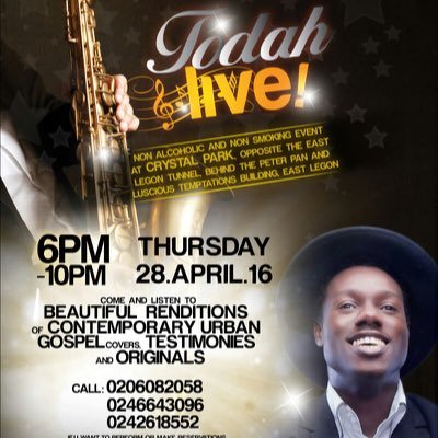 TodahLive is a non-alcoholic and non-smoking event which premiered on the 30th of July, 2015 at Crystal Park Gardens, East Legon. To perform pls call 0206082058