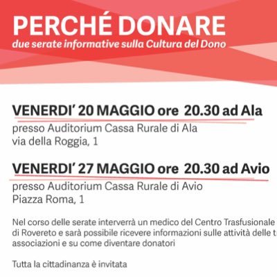 All' A.V.I.S. (Associazione Volontari Italiani Sangue) Comunale di Ala e Avio sono iscritti i donatori volontari della Bassa Vallagarina. ala.comunale@avis.it