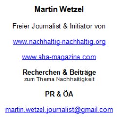 Martin Wetzel
Journalist & Initiator von
https://t.co/xT91l7qUjb
https://t.co/uD6JT92gmS
Recherchen, Beiträge, PR & ÖA
martin.wetzel.journalist@gmail.com