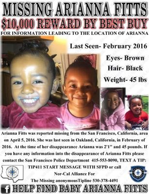 Arianna Fitts was last seen Feb2016 in Oakland, CA she was reported missing when news came of her mother being murdered. Any info call SFPD 415-553-8090