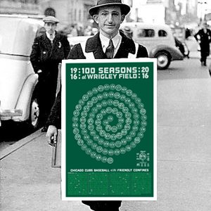 My poster with a spiral timeline celebrating 100 seasons of Cubs baseball at Wrigley Field.