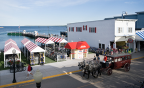 Mackinac Island Bike Shop is conveniently located next to Shepler's Ferry Service on Main Street, and across the street from Lake View Hotel.