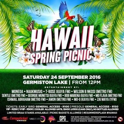 come enjoy yourself en your family en your friends @ Germiston lake Hawaii style on the 24 September 2016 looking forward to c you there!!