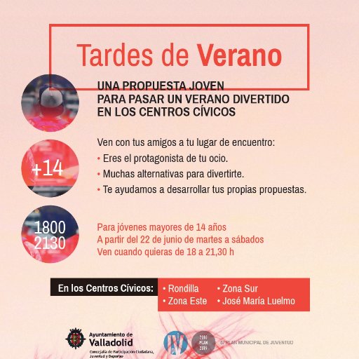 TardesVeranoVa's profile picture. Programación para jóvenes de 14 a 30 años por iniciativa de la Concejalía de Participación, Juventud y Deporte del Ayuntamiento de Valladolid