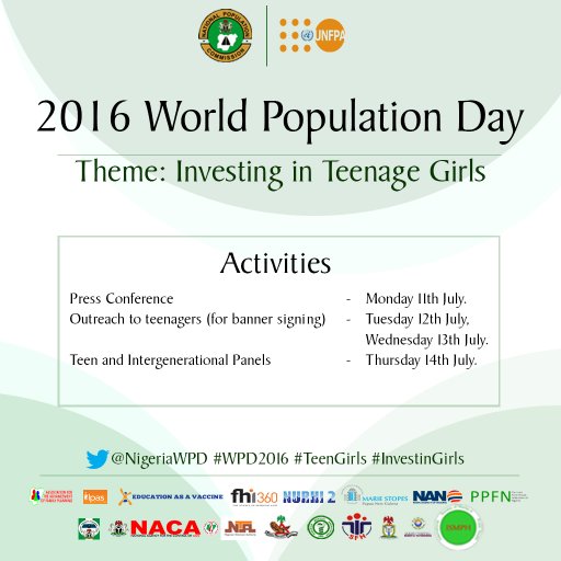 NigeriaWPD's profile picture. World Population day is an annual event, observed on July 11 every year, which seeks to raise awareness of global population issues.