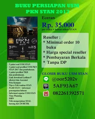 Buku USM PKN STAN
Line : @oor5202v
BBM :  5AF93A67
HP : 0822 61392571
Fb : Glosir Buku USM STAN
Ig : @glosir_bukuusmstan