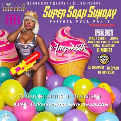 Sunday, Aug.28th #SuperSoakSunday Private Mansion Pool Party Buy Ur Band Click The Link Below Brought To You By LHHNY @Biancaisking & @JayPrezi