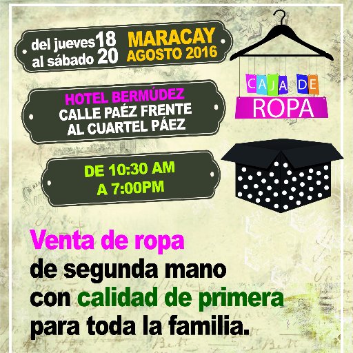 Compra y venta de ropa, accesorios y zapatos nuevos y usados. Envíos a toda #Venezuela por #MRW.
Contacto 0424-366-0778 IG:@Cajaderopa FB:CAJA DE ROPA