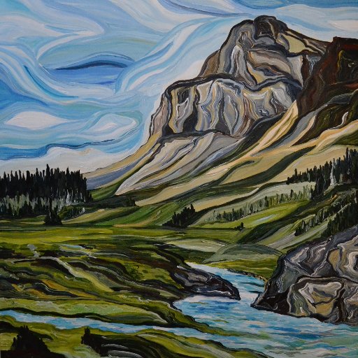 Calgary artist using long, fluid brush strokes to create sweeping mountainscapes. Ruberto Ostberg Gallery in Calgary. Bugera Matheson Gallery in Edmonton.