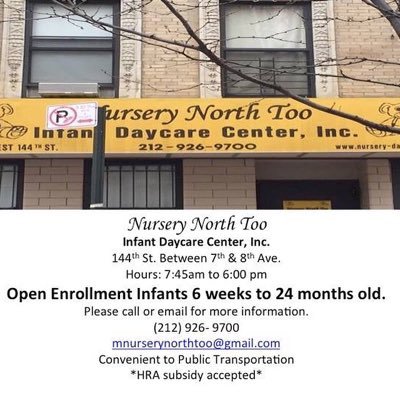 Open Enrollment
Infants Ages 6 weekes to 27 Months
Please call or Email to get further information
Email: mnurserynorthtoo@gamil.com
Tel: (212) 926-9700